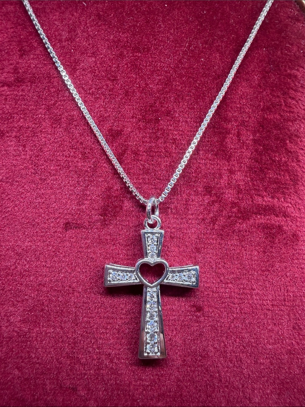 925 Sterling Silver Open Center Heart with Pavé CZ Cross Necklace 20”